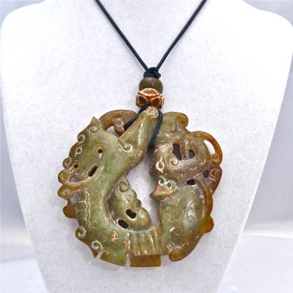 C3978 5 carved greenish brown jade triple dragon pendant necklace 