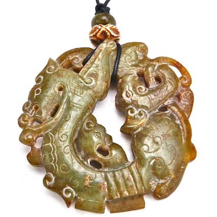 C3978 2 carved greenish brown jade triple dragon pendant necklace 