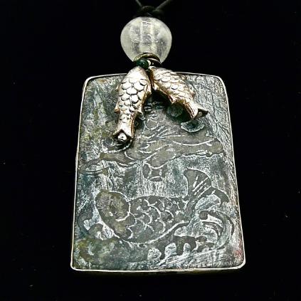 C3969 4 dark green etched jade fish, silver fish pendant necklace