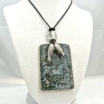 C3969 6 dark green etched jade fish, silver fish pendant necklace