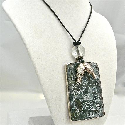 C3969 2 dark green etched jade fish, silver fish pendant necklace