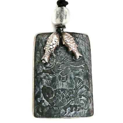 C3969 1 dark green etched jade fish, silver fish pendant necklace