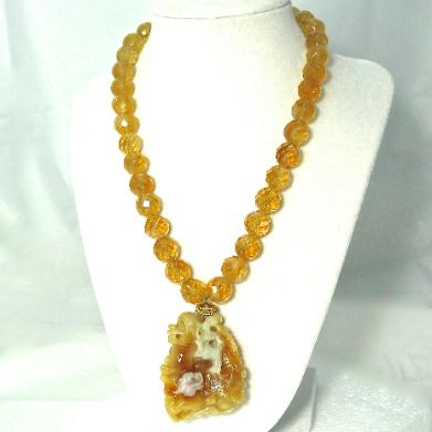 C2633 -3 golden jade fo dogs, faceted citrine necklace
