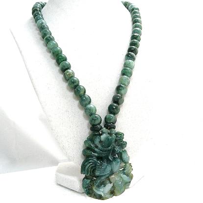 C3384 - carved spinach jade rooster and chicks, spinach jade necklace
