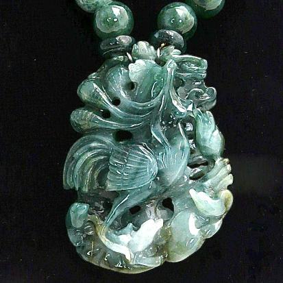C3384 - carved spinach jade rooster and chicks, spinach jade necklace