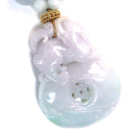 C2936- carved lavender and green jade dragon/pi, lavender blue jade necklace
