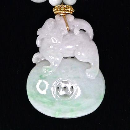C2936- carved lavender and green jade dragon/pi, lavender blue jade necklace