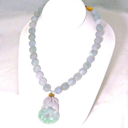 C2936- carved lavender and green jade dragon/pi, lavender blue jade necklace