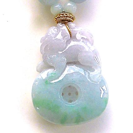C2936- carved lavender and green jade dragon/pi, lavender blue jade necklace
