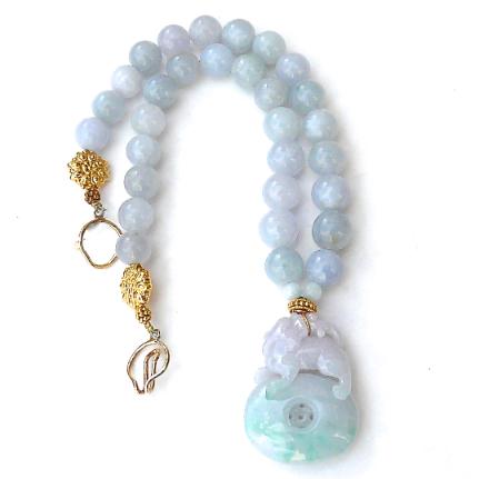 C2936- carved lavender and green jade dragon/pi, lavender blue jade necklace