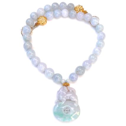 C2936- carved lavender and green jade dragon/pi, lavender blue jade necklace
