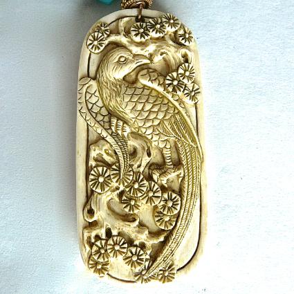 C3263 -3 Mammoth ivory dragon & phoenix, Peruvian opal necklace