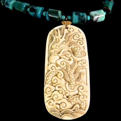 C3263 -8 Mammoth ivory dragon & phoenix, Peruvian opal necklace