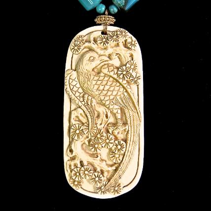 C3263 -7 Mammoth ivory dragon & phoenix, Peruvian opal necklace