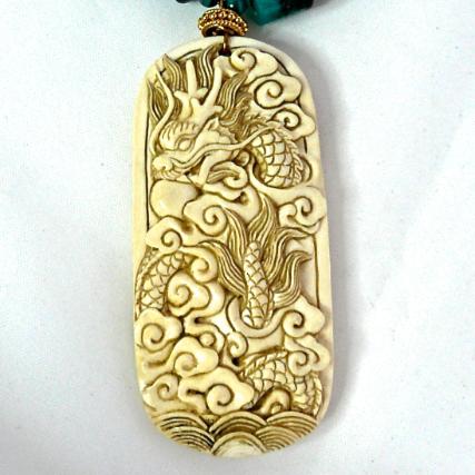 C3263 -4 Mammoth ivory dragon & phoenix, Peruvian opal necklace