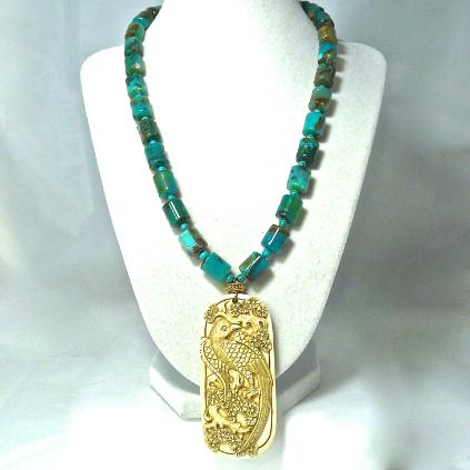 C3263 -5 Mammoth ivory dragon & phoenix, Peruvian opal necklace