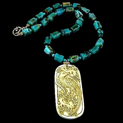C3263 -6 Mammoth ivory dragon & phoenix, Peruvian opal necklace