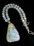 C1961 alt carved blue and golden jade bat, peach, grey moonstone necklacebat