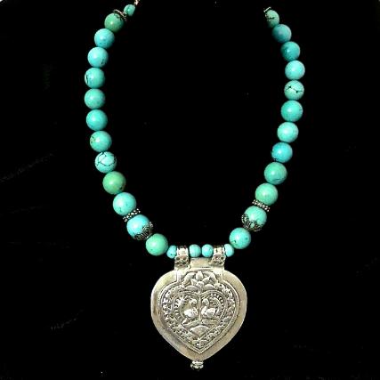 C850 6 Antique Indian silver double peacock pendant, natural Chinese turquoise necklace