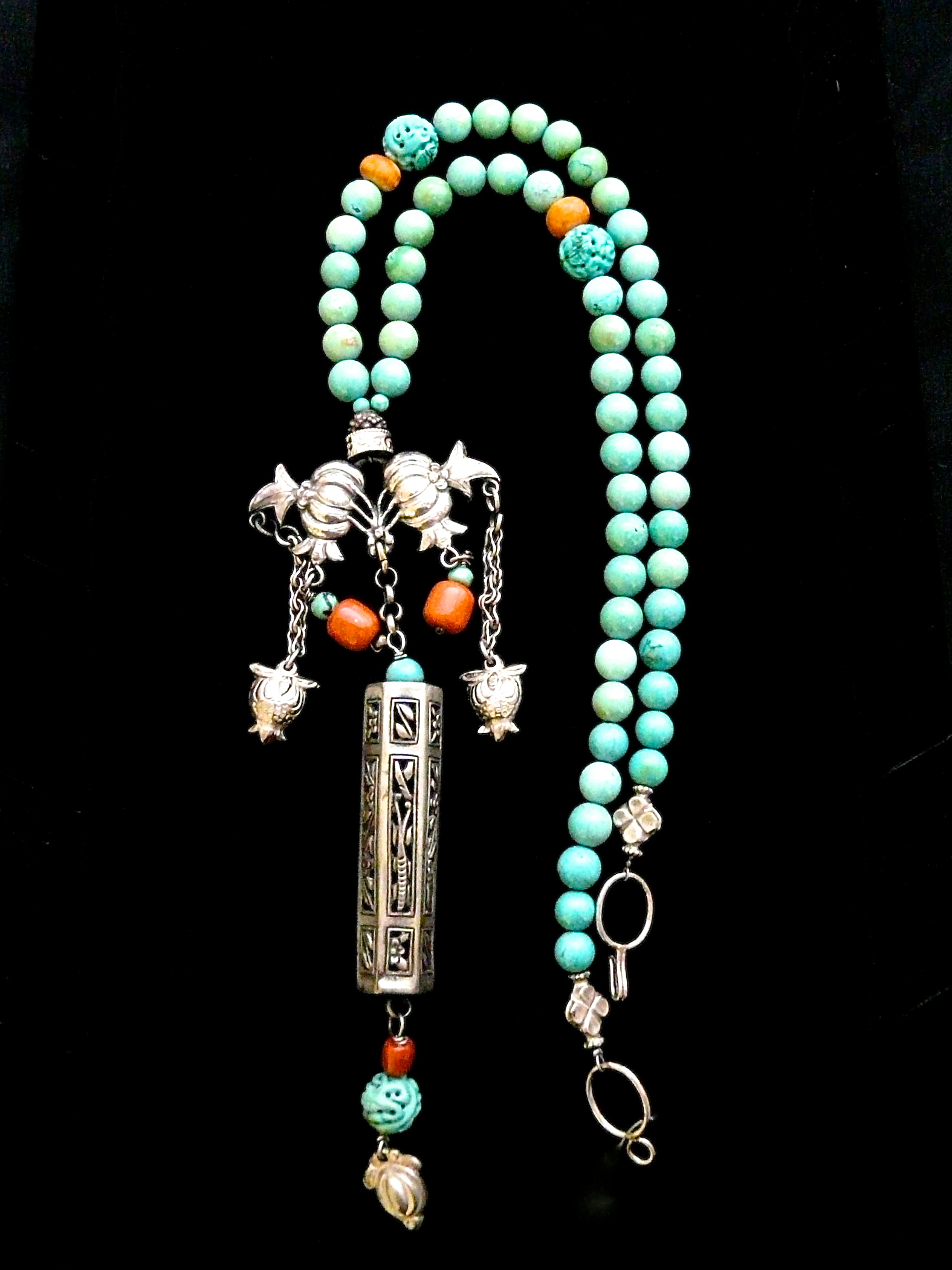 C3055 -alt antique Chinese silver needlecase, Chinese turquoise, coral