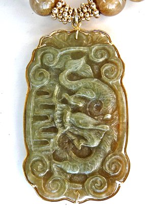 C1366 golden and green jade dragon, golden rutilated quartz necklace