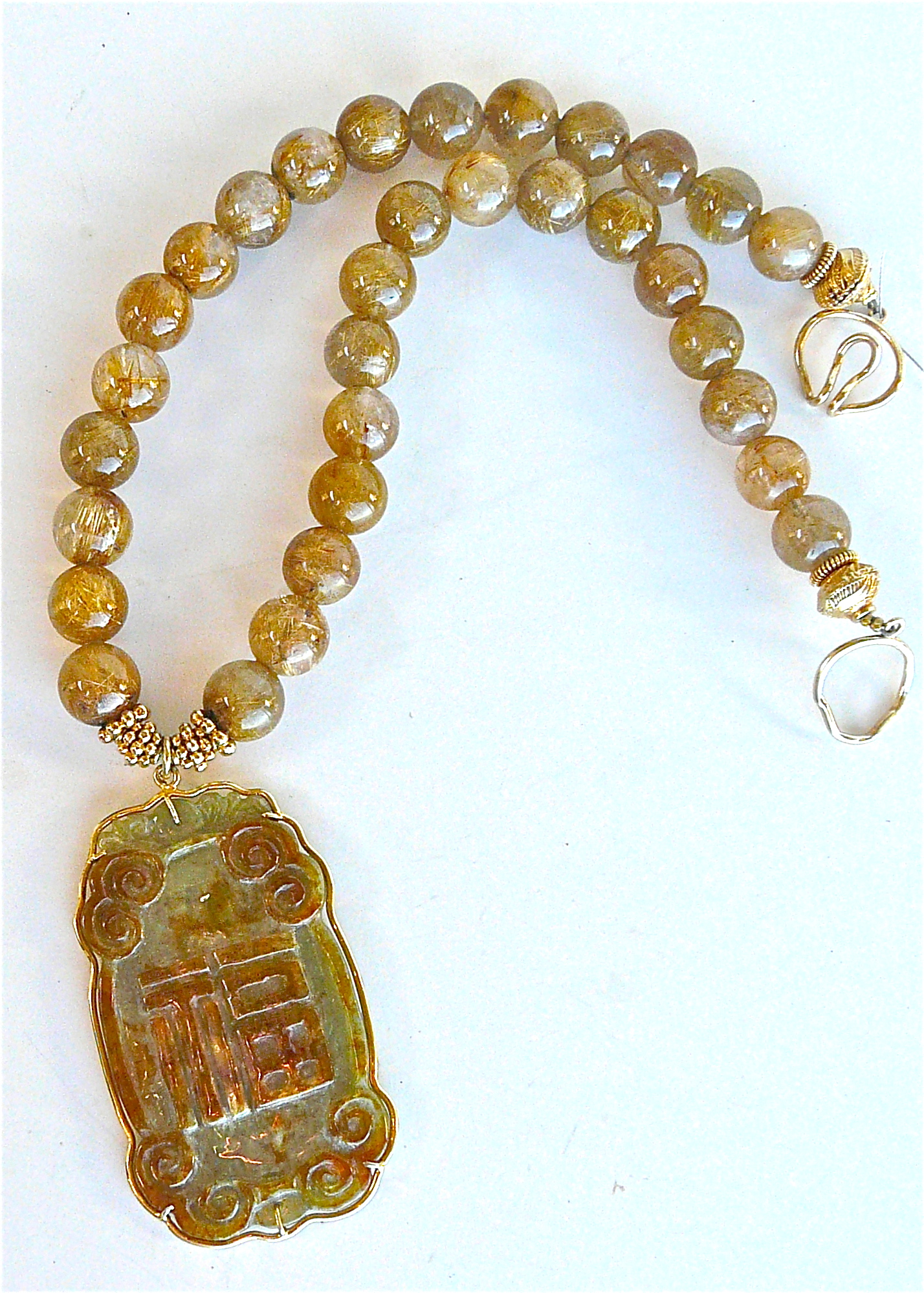 C1366 golden and green jade dragon, golden rutilated quartz necklace