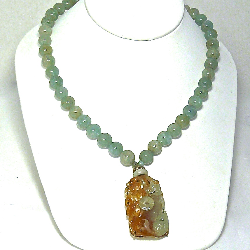 C2032 b Jade Fish, Lotus, Pi, Aquamarine Necklace