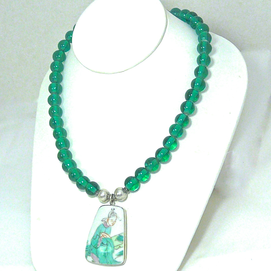 c2725 Ching Dynasty porcelain shard, green Indonesian glass necklace