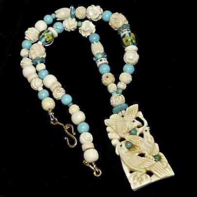 C3050 Carved bone pendant, carved bone, turquoise, glass flower bead necklace