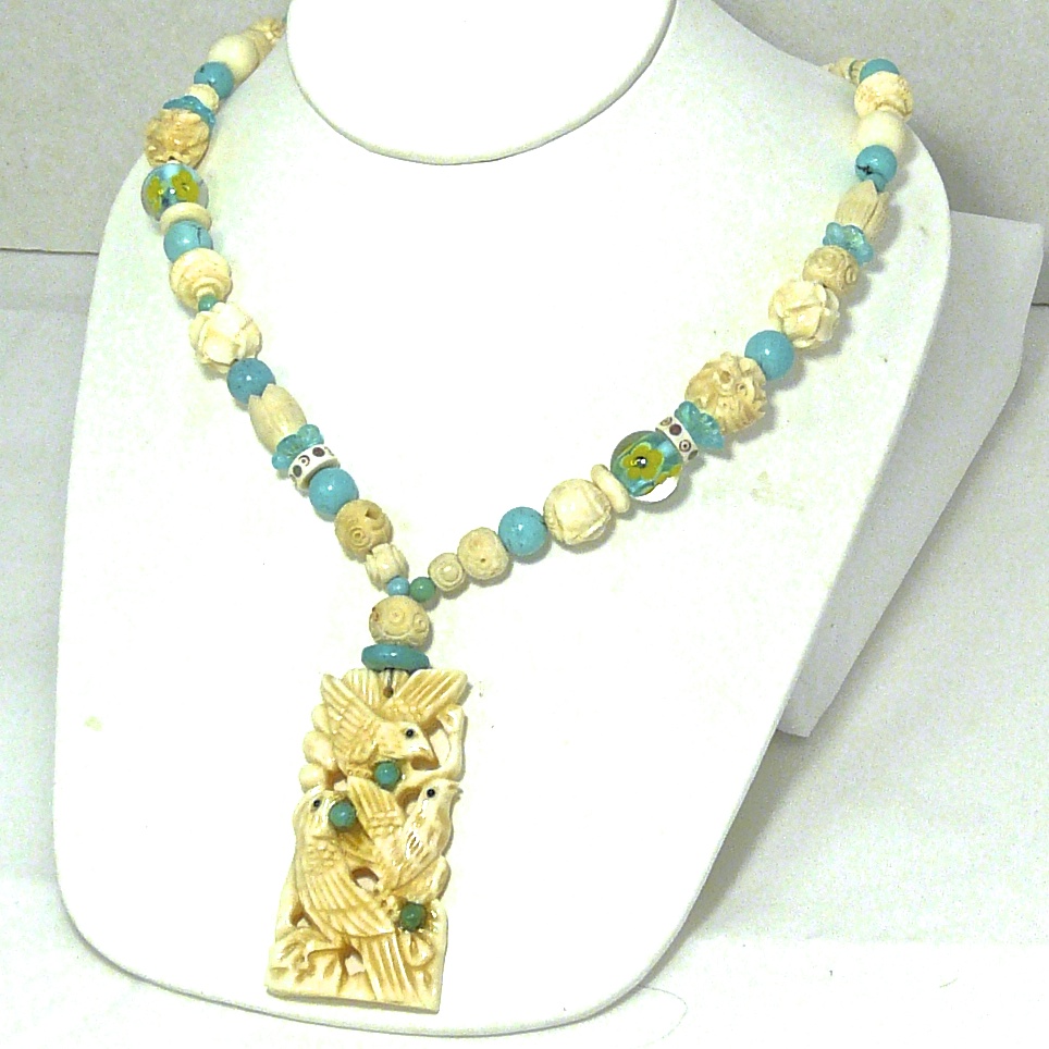 C3050 Carved bone pendant, carved bone, turquoise, glass flower bead necklace