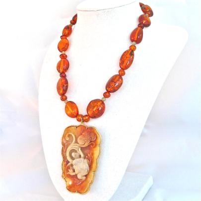 C3605 golden jade frog and lotus, Baltic amber 14k gold necklace 