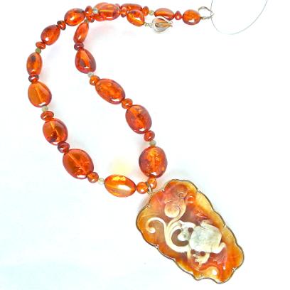 C3605 golden jade frog and lotus, Baltic amber 14k gold necklace 