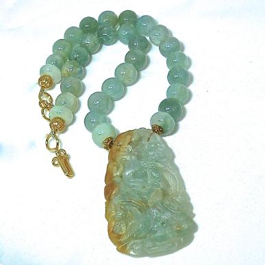 C5145 -1 Blue green jade dragon & phoenix, aquamarine necklace