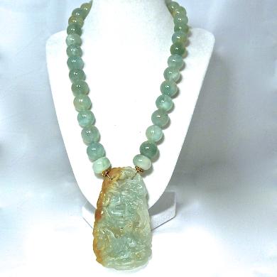 C5145 -2 Blue green jade dragon & phoenix, aquamarine necklace