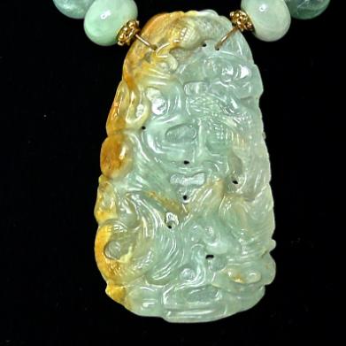 C5145 -3 Blue green jade dragon & phoenix, aquamarine necklace