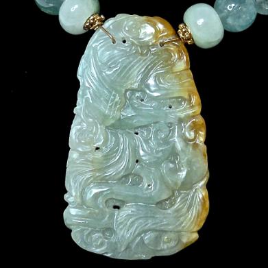 C5145 -4 Blue green jade dragon & phoenix, aquamarine necklace