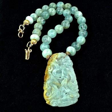 C5145 -5 Blue green jade dragon & phoenix, aquamarine necklace