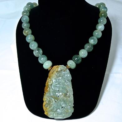 C5145 -6 Blue green jade dragon & phoenix, aquamarine necklace